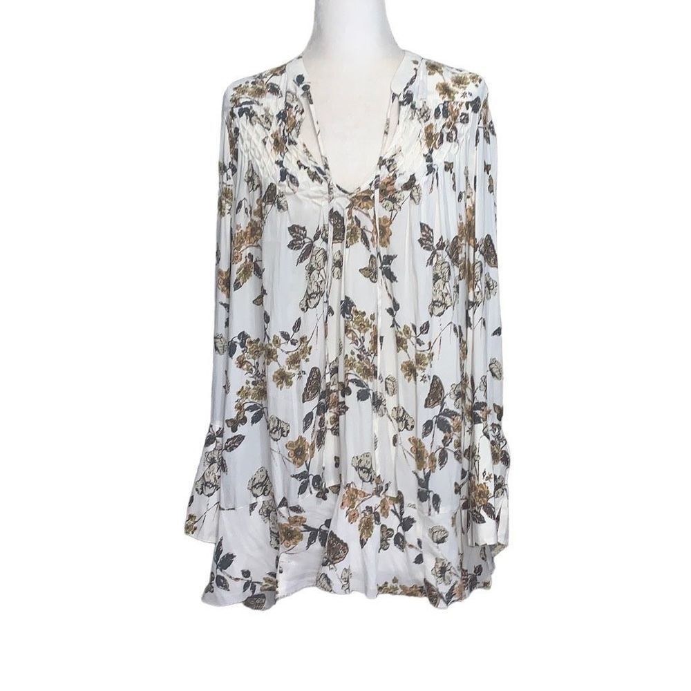 Free People L Ivory Pebble Crepe Long Sleeve Blouse Tunic Top